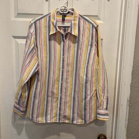 Lauren Ralph Lauren Linen Blend Womens Top Sz 1X Strpied Pastel‎ Roll Tab Spring - Picture 1 of 7